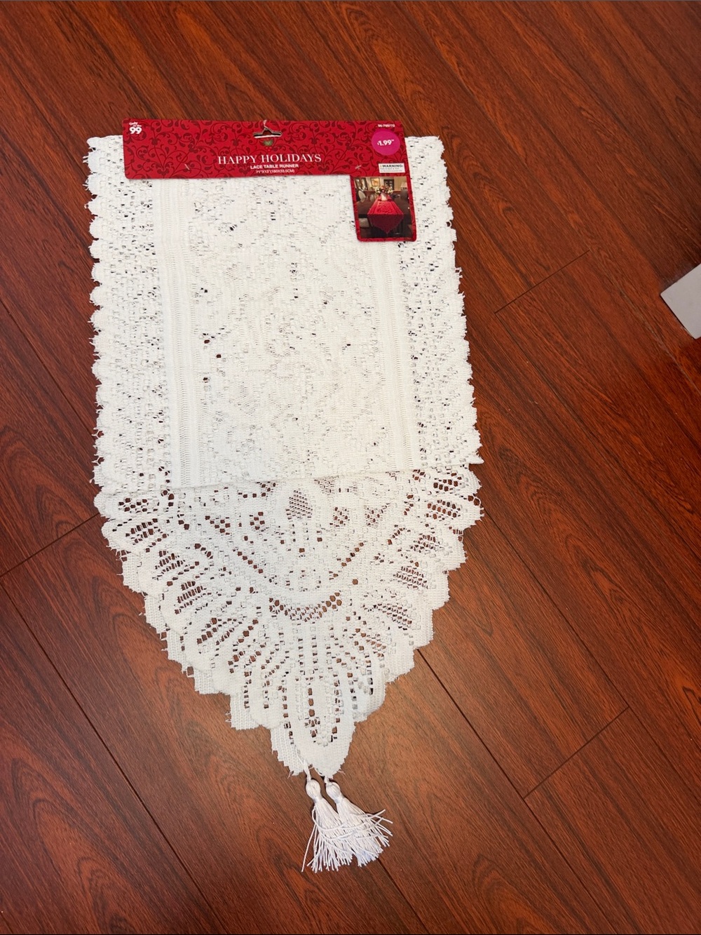 Happy Holidays White Crochet Table Runner with Tassel
